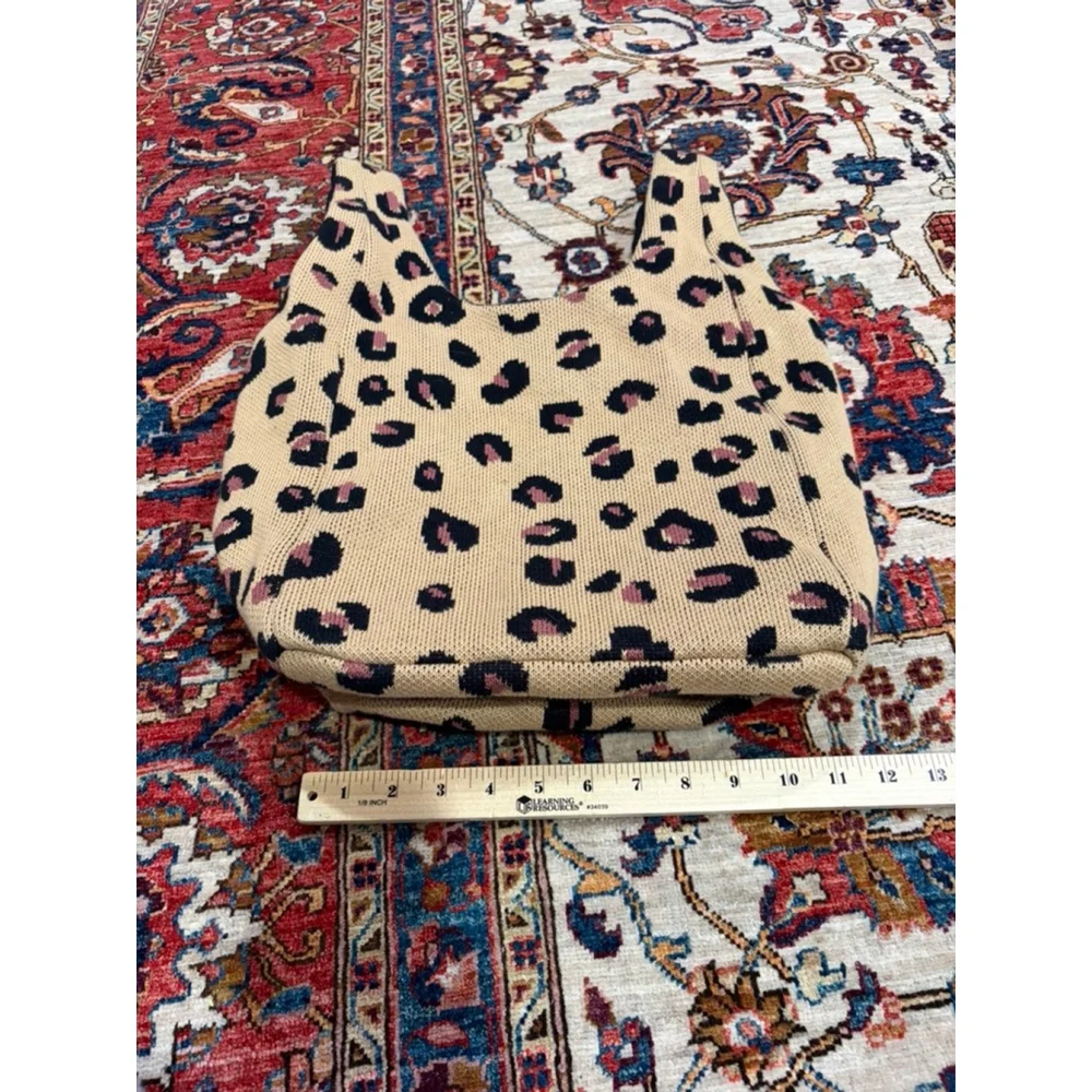 Hansel from Basel Knit Leopard Print Tote Bag Slouchy Shoulder Hobo Tan Cotton